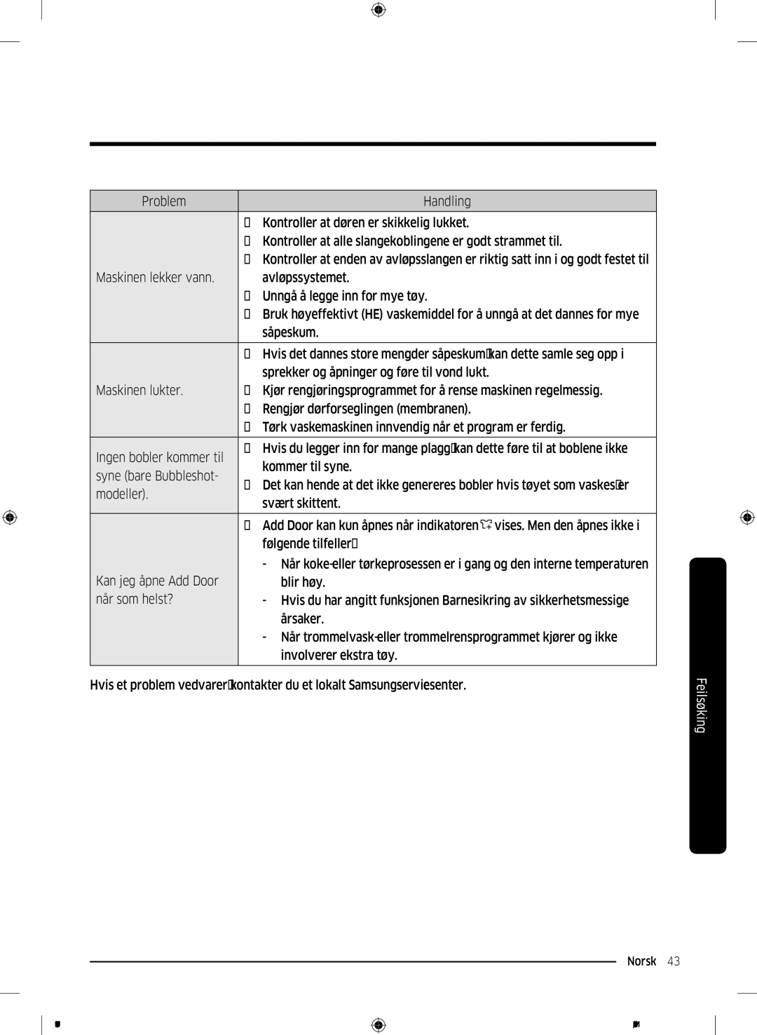 Samsung WW60J3283LW1EE manual Norsk 43  